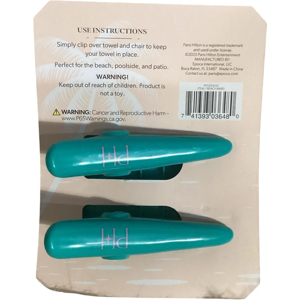 Paris Hilton Beach Towel Clips 2 Pack “Beach Babe” New on Card